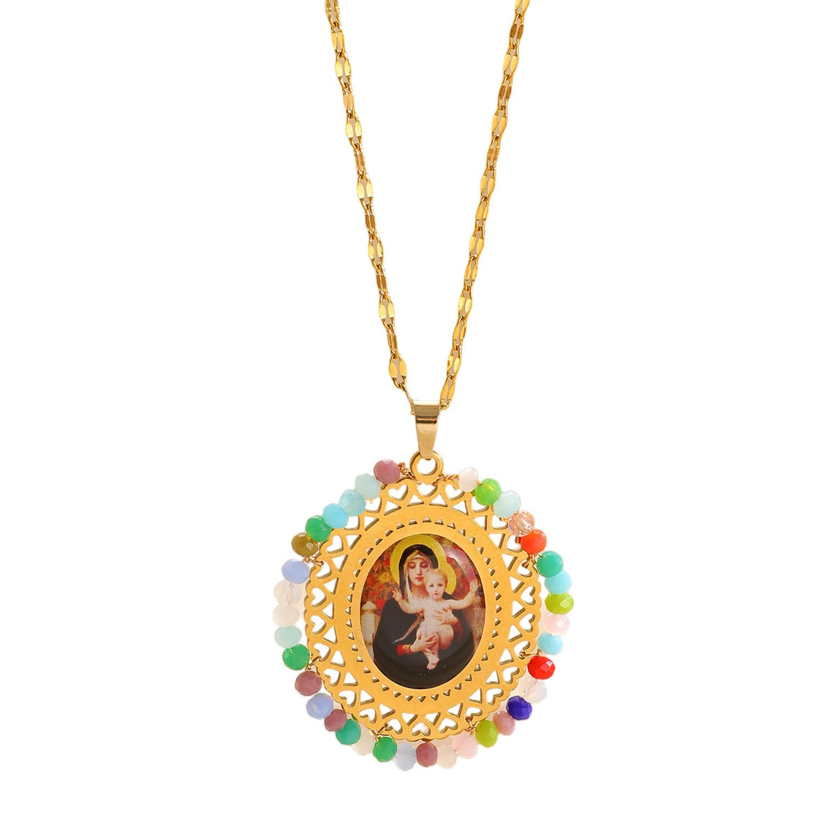 Stainless Steel Color Crystal Virgin Portrait Hollow Oval Necklaces