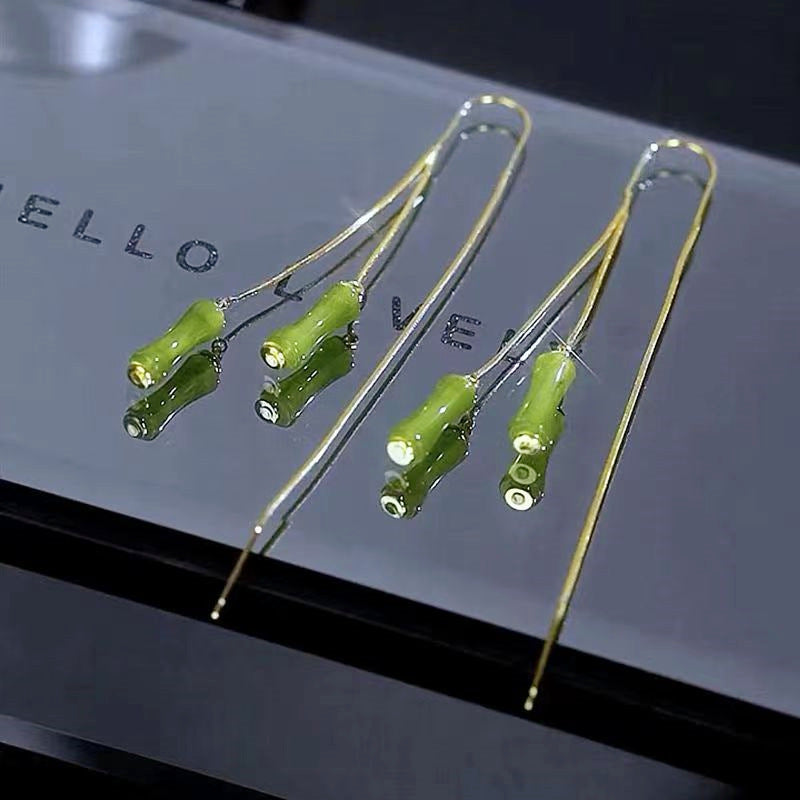 Long Style Green Bamboo Joint Female Tassel Niche Earrings
