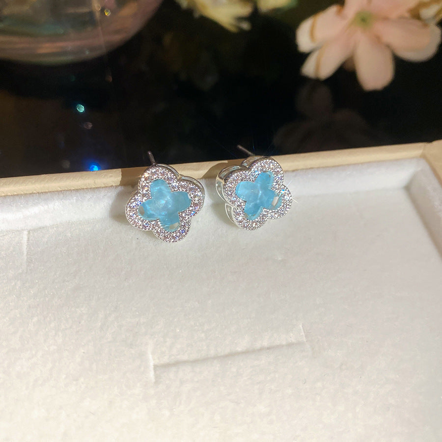Jardin Monet Blue Glaze Flowers Pipa Pearl Chinese Retro Light Stud Earrings