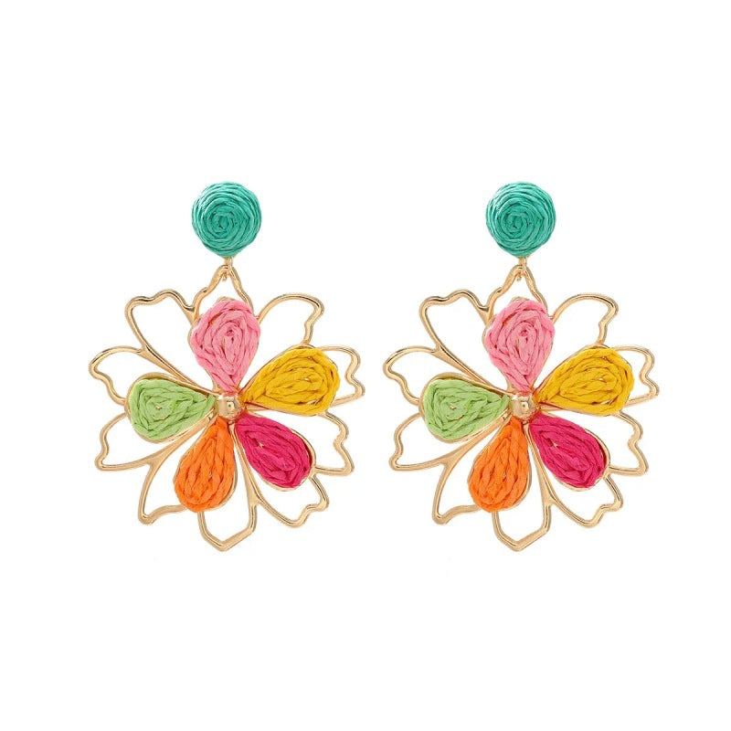 Women's High-grade Sweet Flowers Raffia Fashion Hand-knitted Earrings