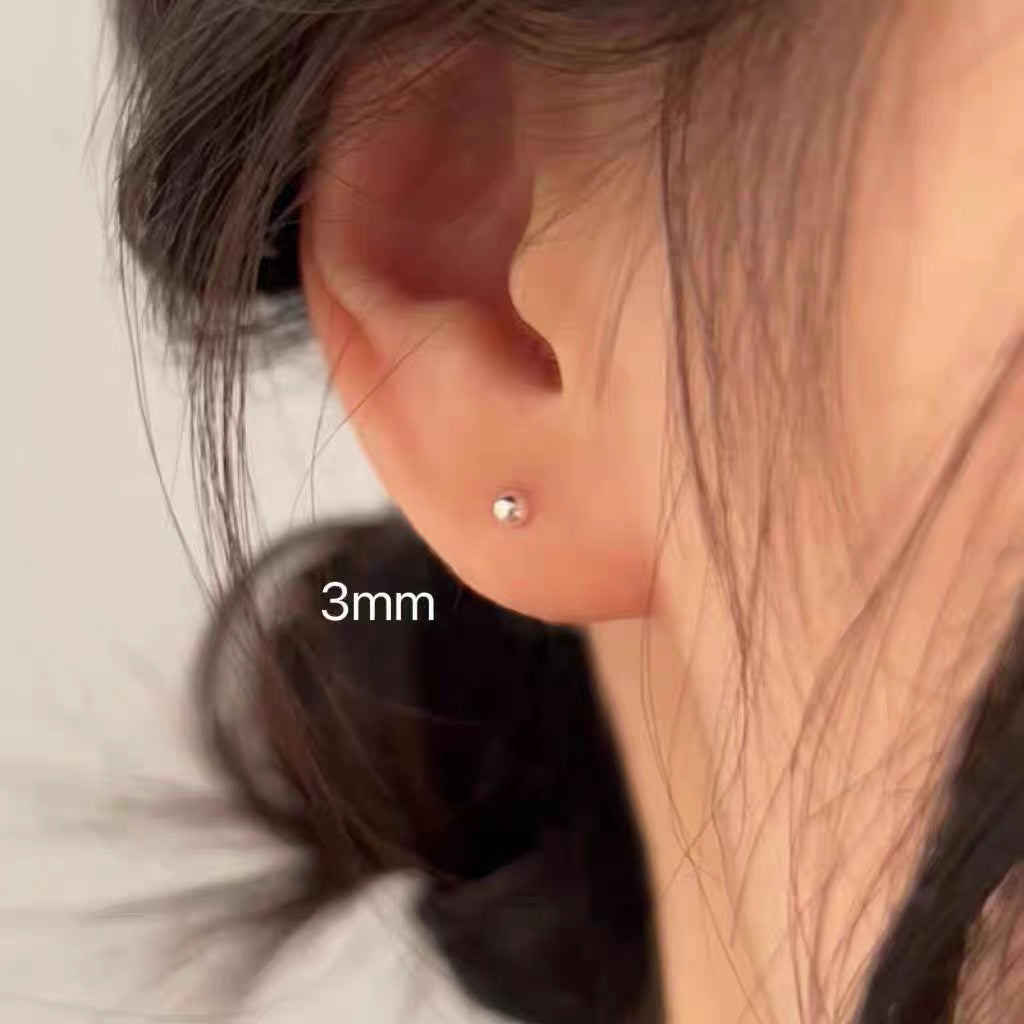 Classic Pure Glossy Bean-shaped Sterling Round Beads Stud Earrings