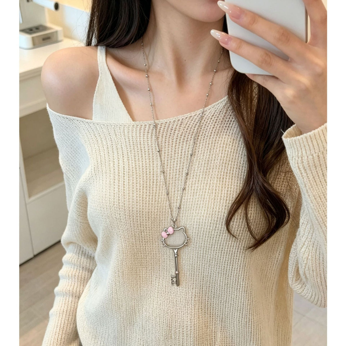 Cat Key Titanium Steel Long Female Sweet Design Stainless Sweater Necklace