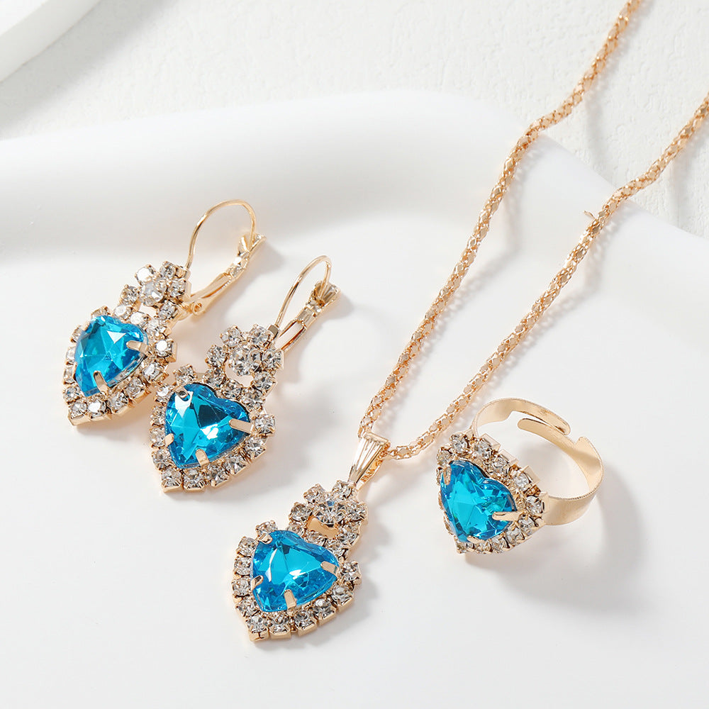 New Water Drop Heart-shaped Three-piece Jeweled Earrings