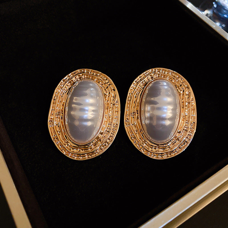 Pleated Striped Oval Pearl Retro Fashion High Sense Exaggerated Personalized Earrings