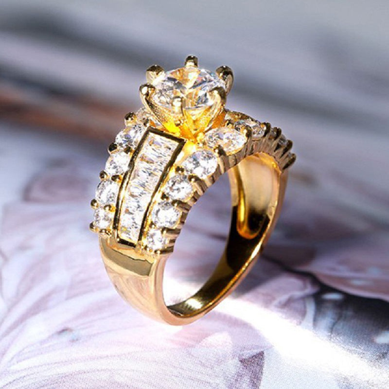 Women's Luxury Golden Bright Crystal Zircon Modern Design Engagement Party Rings