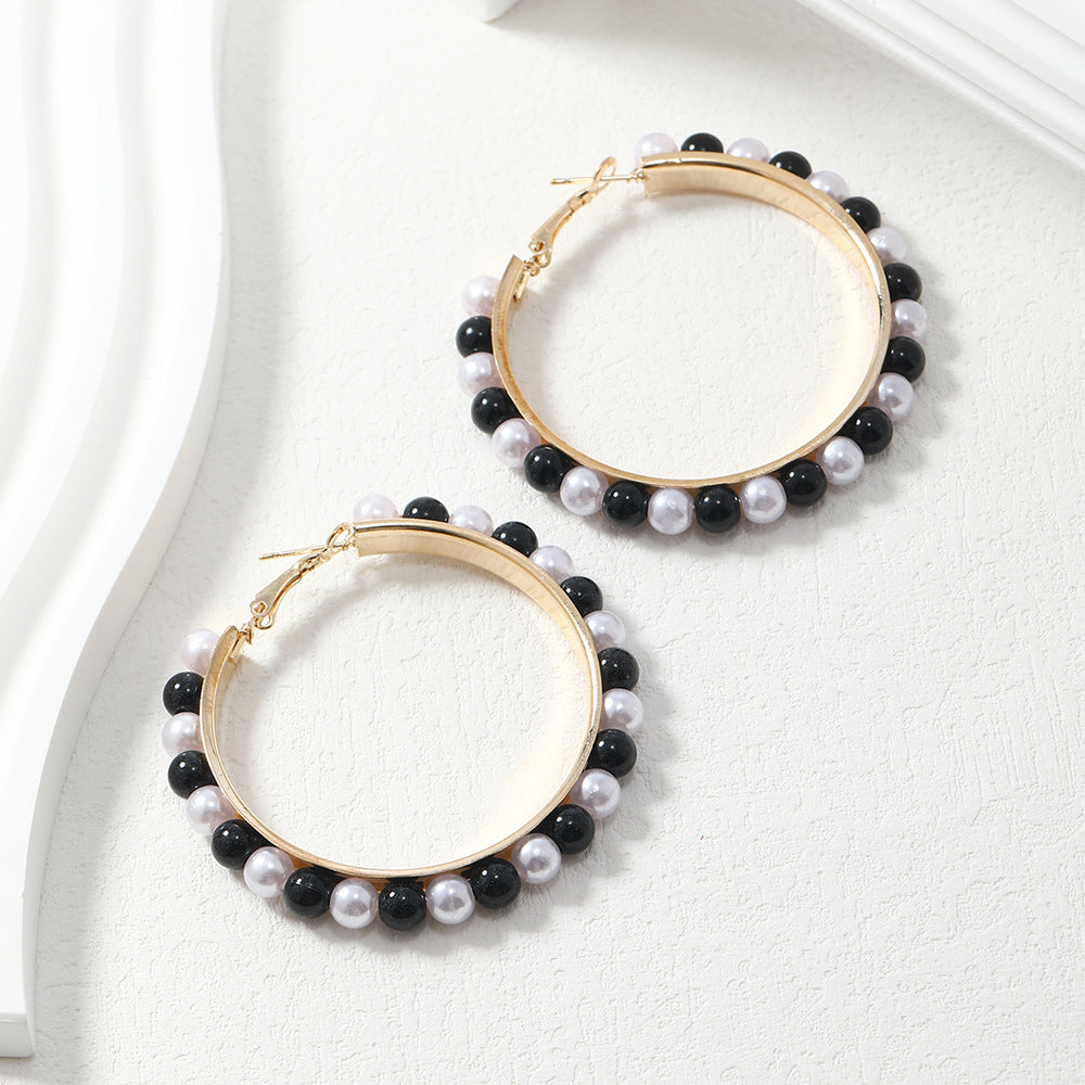 Black White Pearl Noodles Round Beads Elegant Shaped Bean-shaped Temperamental Earrings