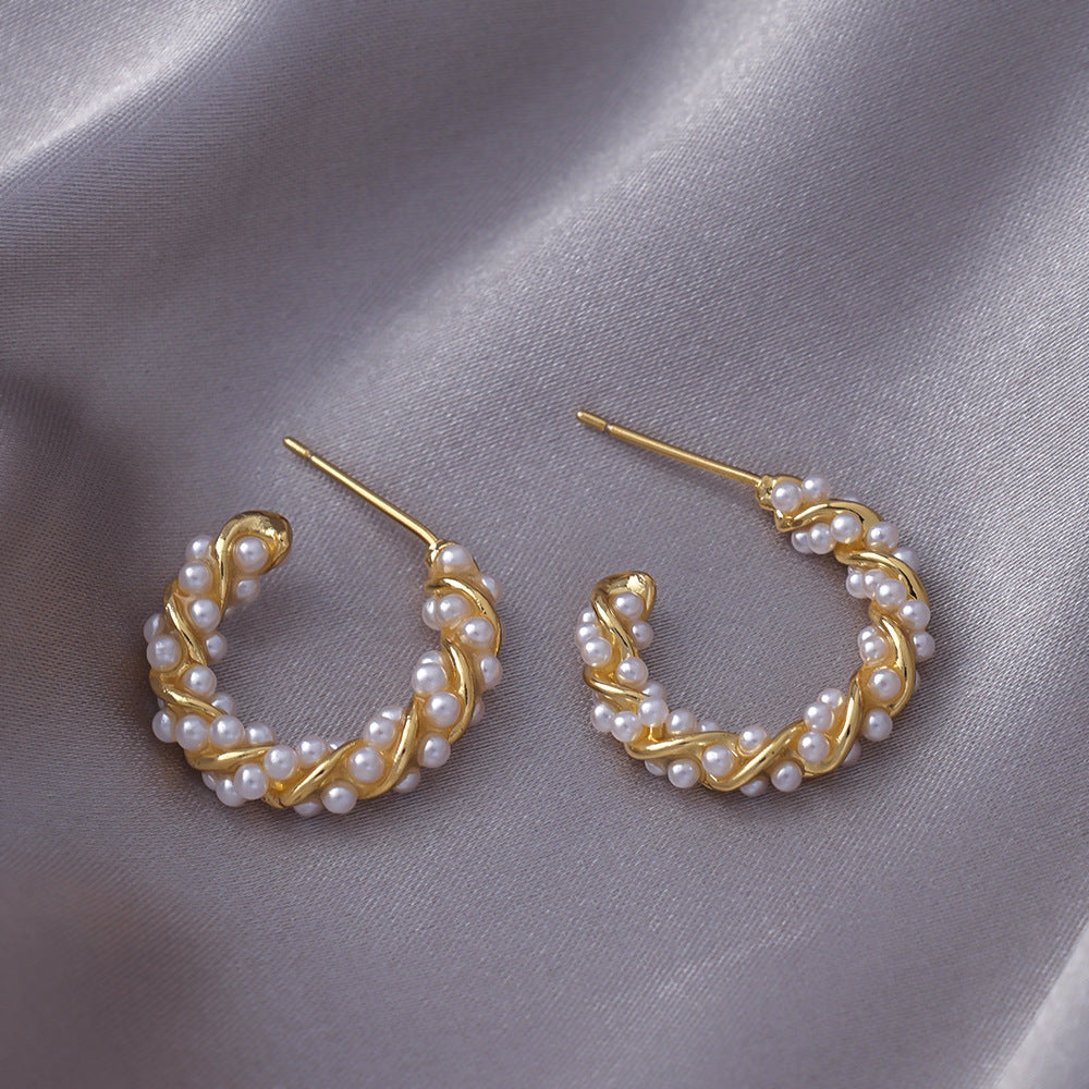 Women's Woven Pearl Sier Needle Everyday Joker Stud Earrings