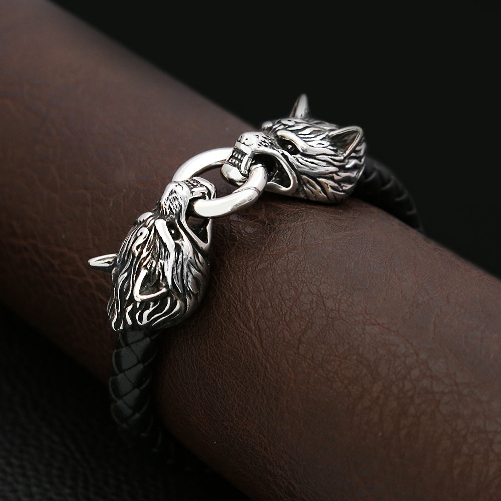 Men's Viking Titanium Steel Wolf Head Handmade Leather Cord Personalized Bracelets