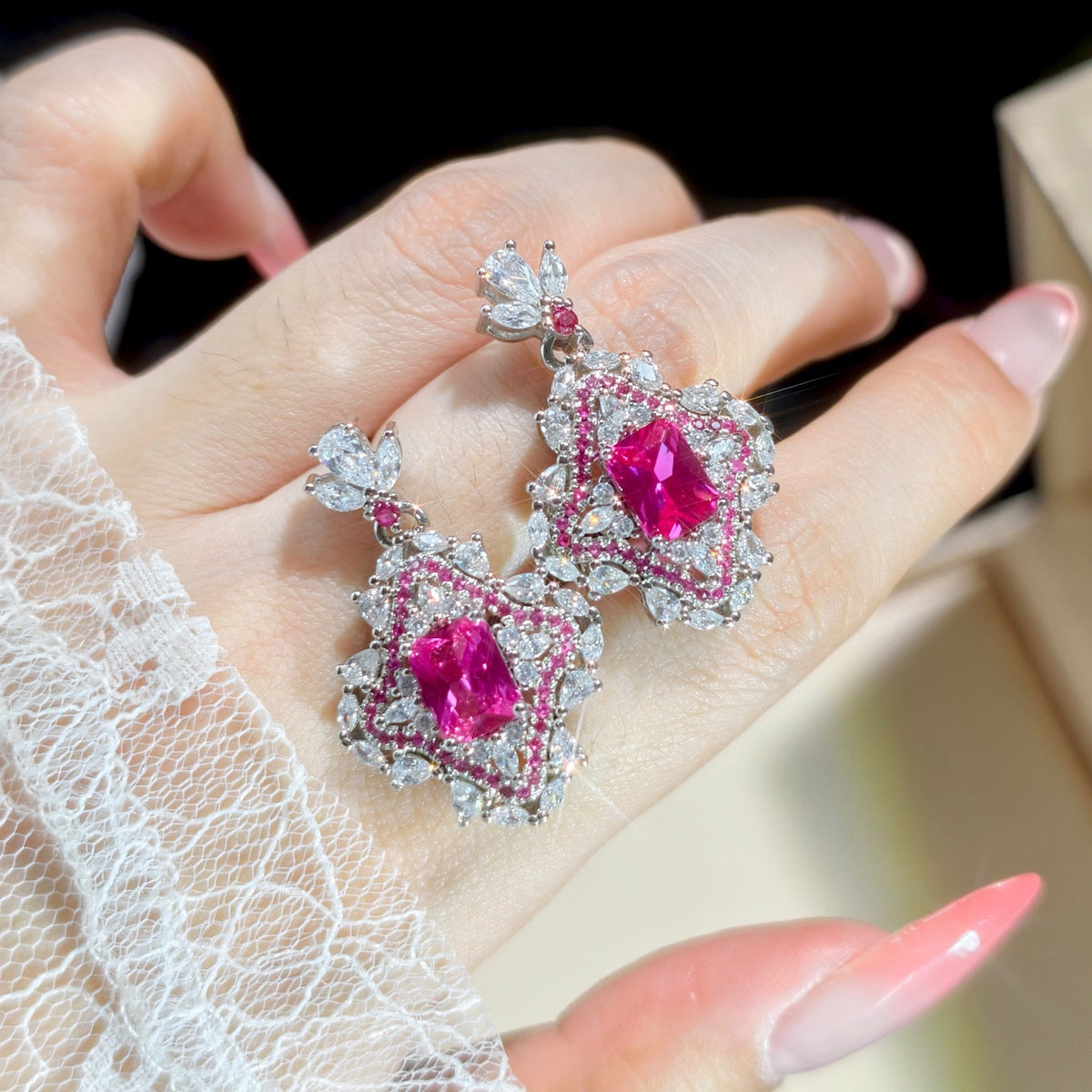 Women's Red Corundum Fluorescent Lamp Full Diamond Short Temperamental Eardrops Pendant