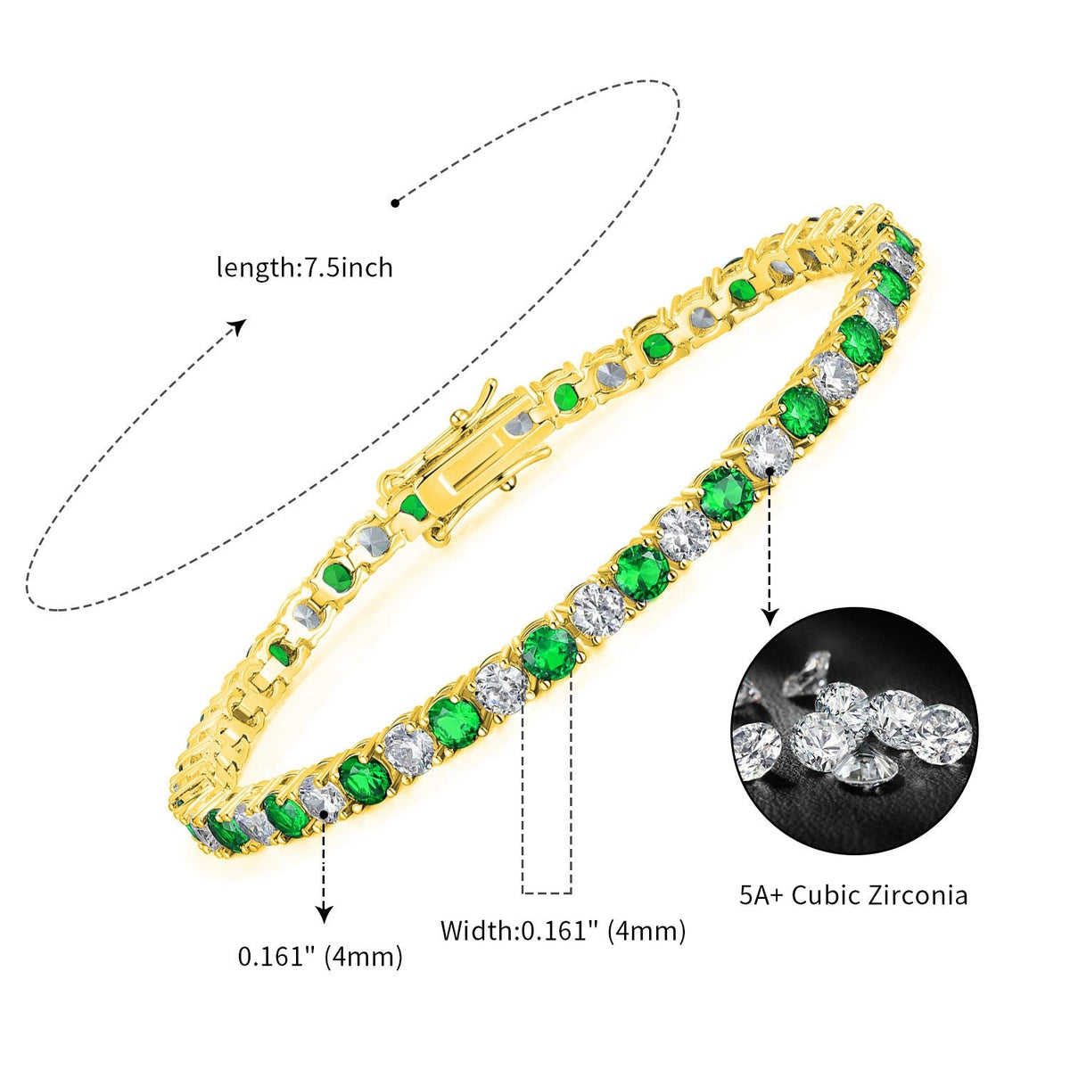 Round Gold Zircon Green Horoscope Buckle Tennis Copper Bracelets