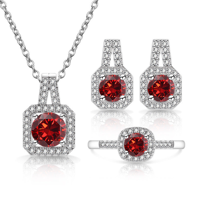 Broadcast Fashion Colored Gems Princess Square Bag Three-piece Suit Jewelry Set