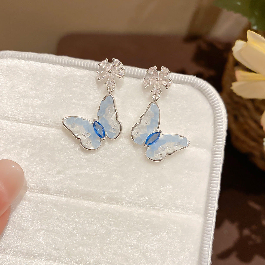 Jardin Monet Blue Glaze Flowers Pipa Pearl Chinese Retro Light Stud Earrings