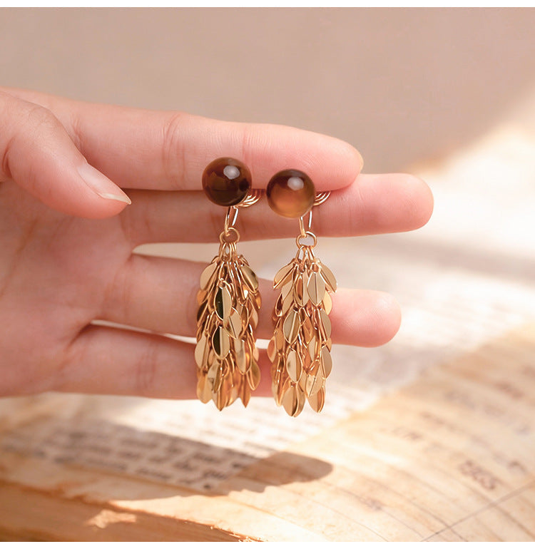 Amber Round Long Golden Leaf Tassel Expensive Mosquito Earrings