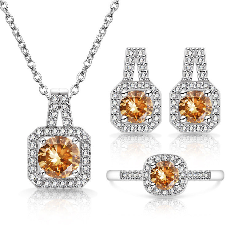 Broadcast Fashion Colored Gems Princess Square Bag Three-piece Suit Jewelry Set