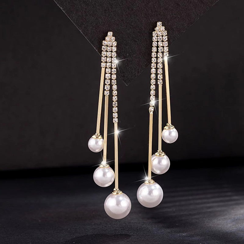Sier Needle Red Pearl Tassel Eardrops Female Fashion Long Rings