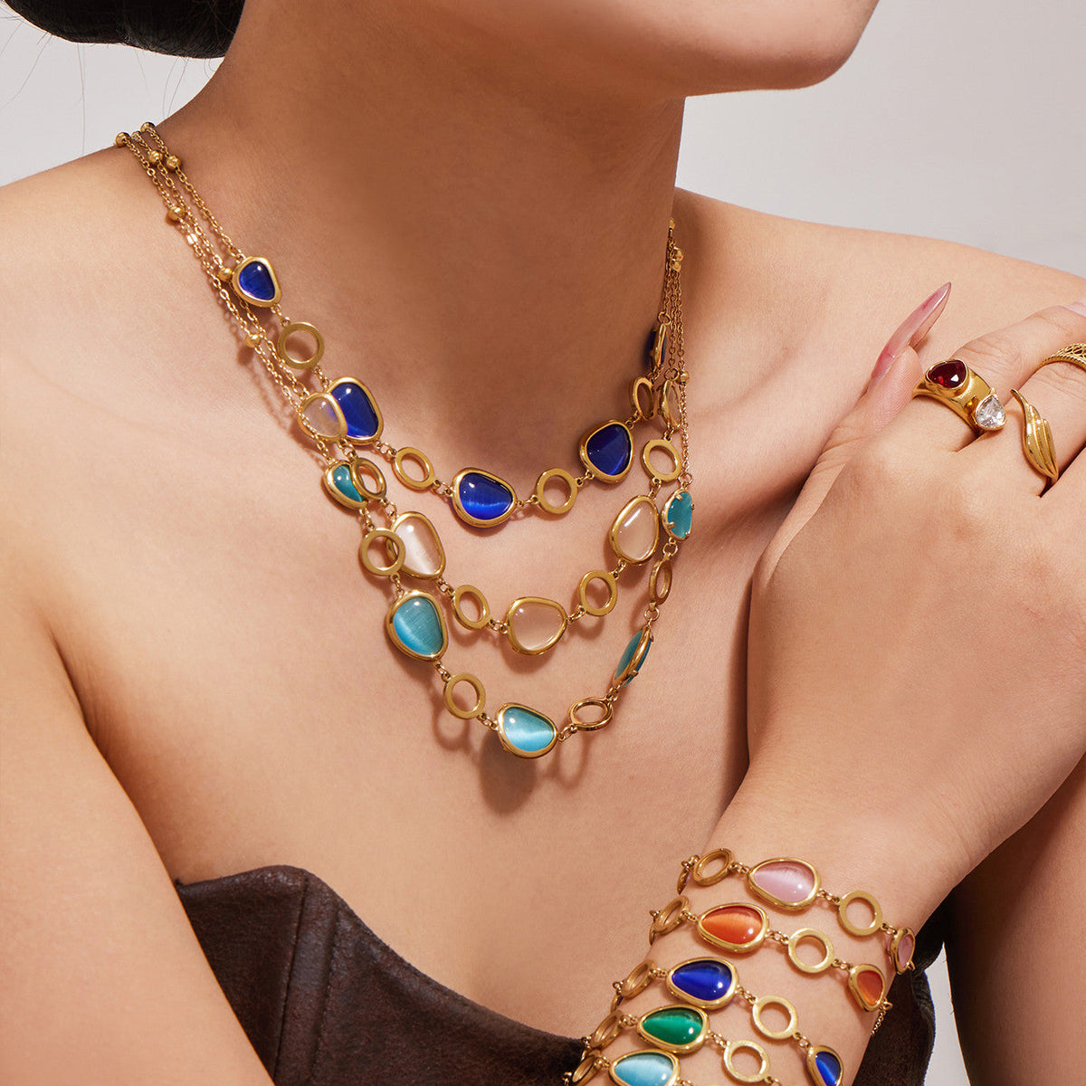 Li Light Luxury Oval Opal Stainless Steel Jewelry Set