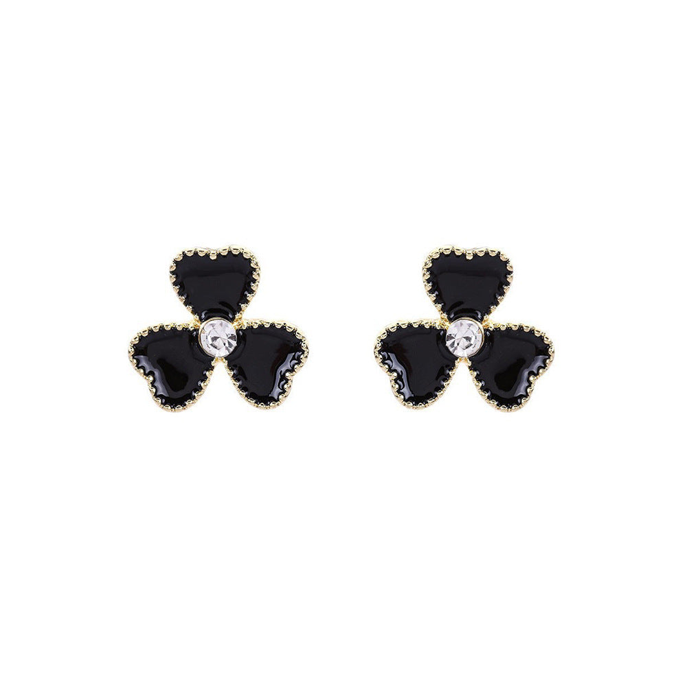 Sier Black Oil Dripping Flower Ear Korean Simple Elegant High-grade Stud Earrings
