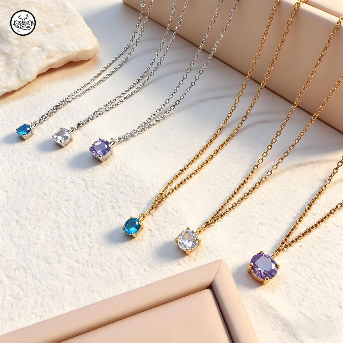 Luxury Simplicity Stylish Round Gold-plated Stainless Steel Colorful Crystals Pendants