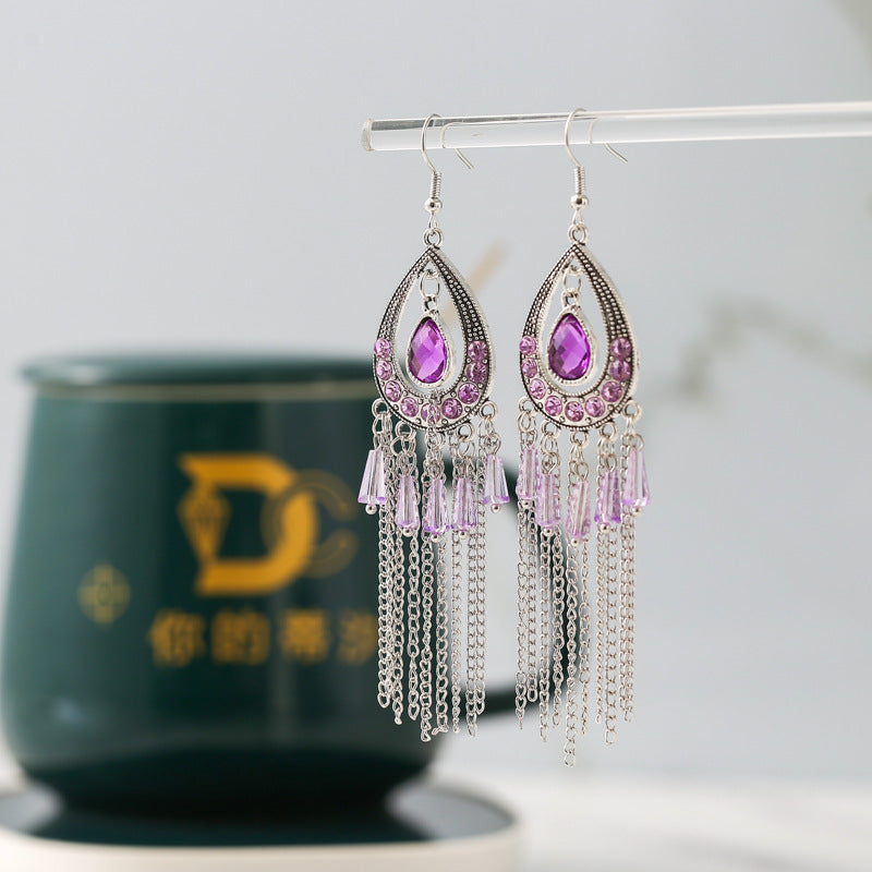 Chinese Style Long Chain Tassel Stylish Water Drop Earrings