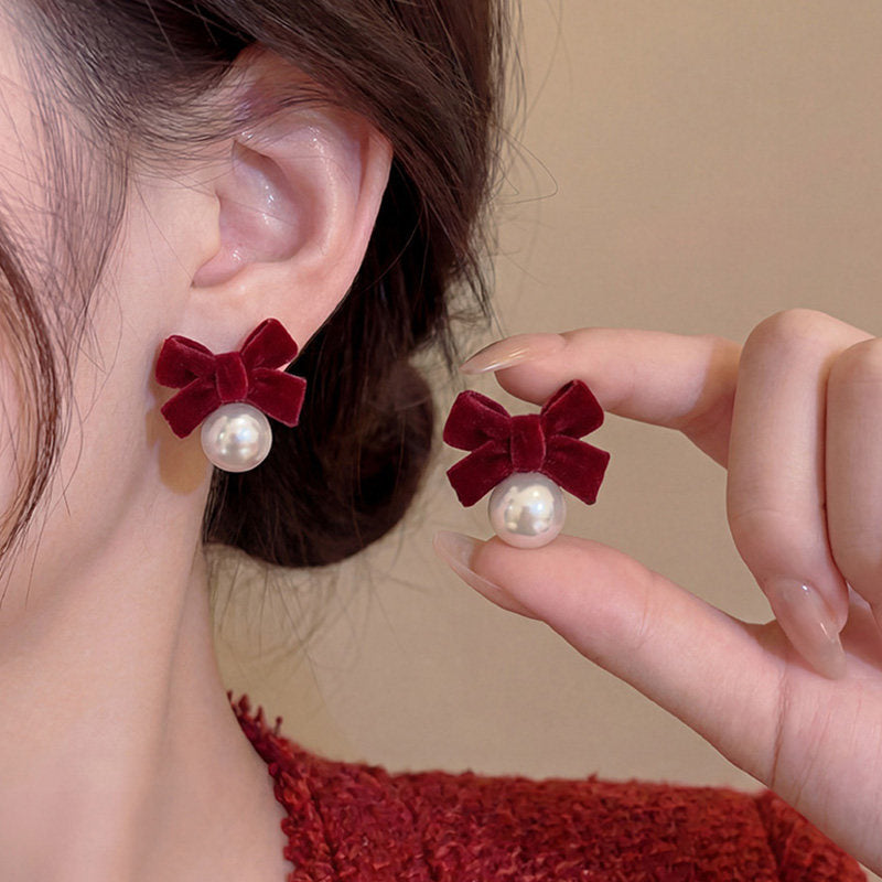 Brown Flocking Bow Bead Retro Red Earrings