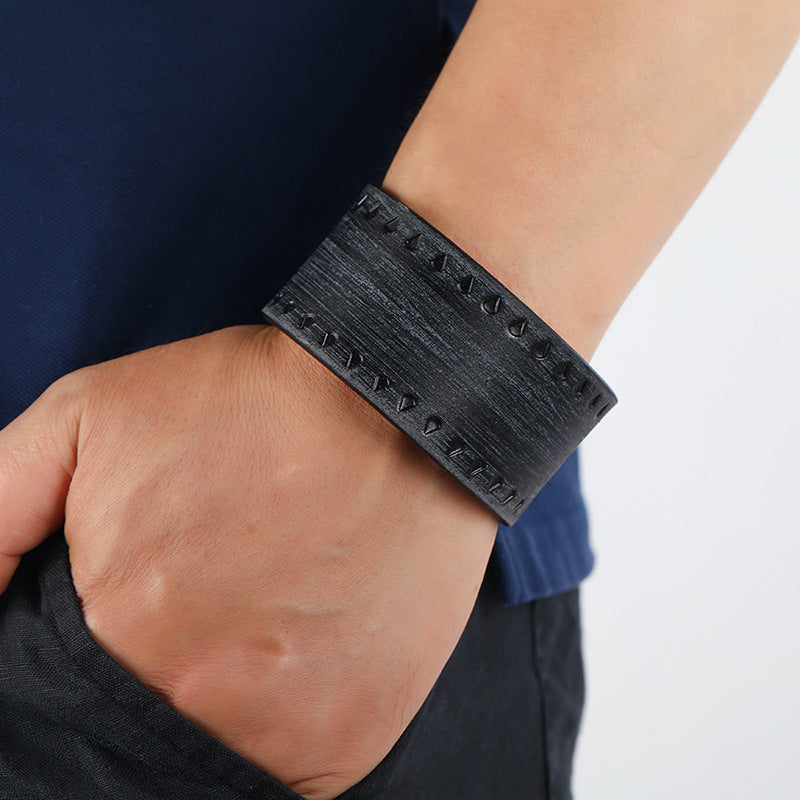Men's Hip Hop Ear Simple Embossed Retro Distressed Cattle Leather Bracelet