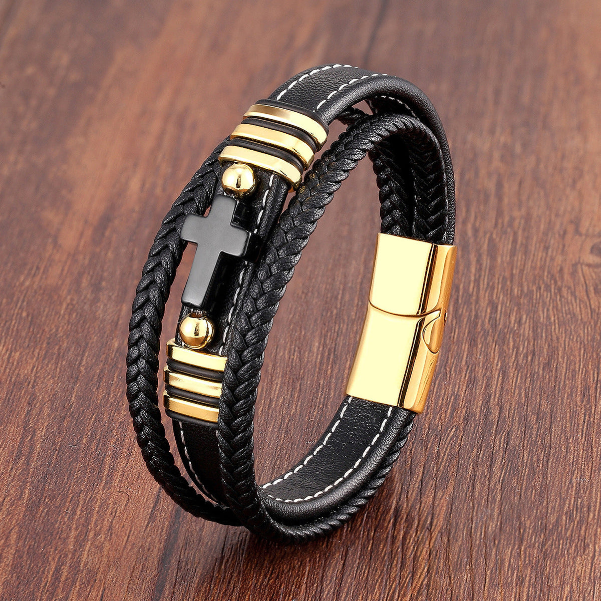 Men's Woven Leather Vintage Stone Cross Stainless Steel Bracelet