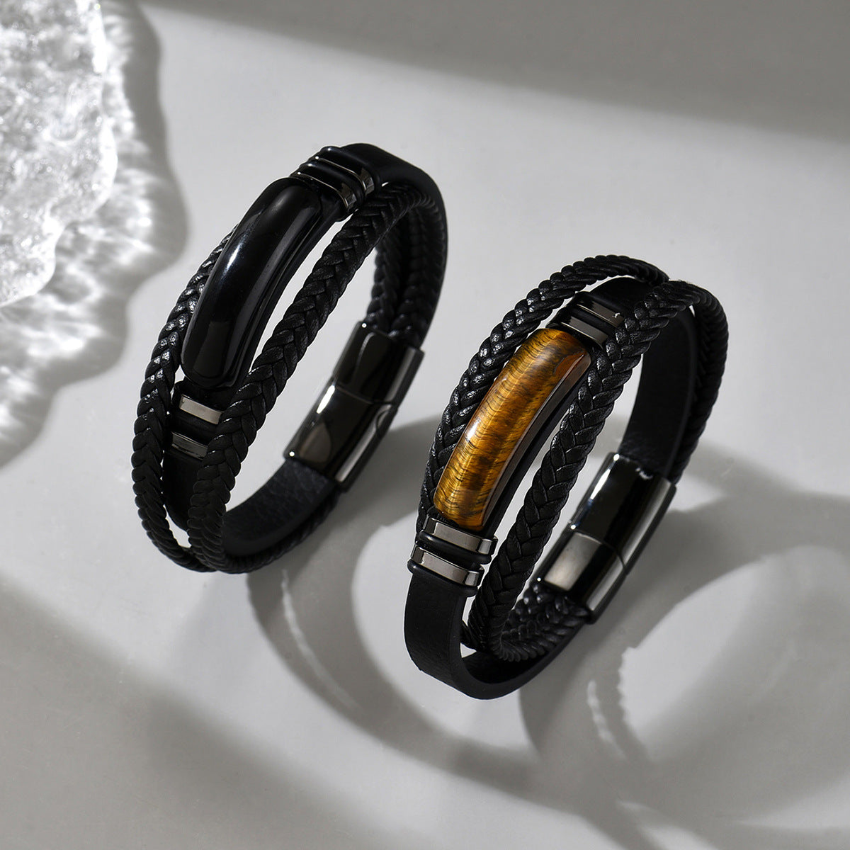Men's Woven Leather Tigereye Obsidian Stitching Simple Bracelets