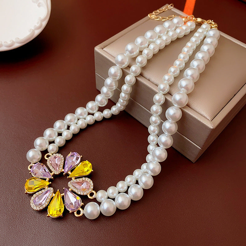 Sier Needle Flower Ear Retro Easy Matching Sweater Chain Exquisite Jewelry Set