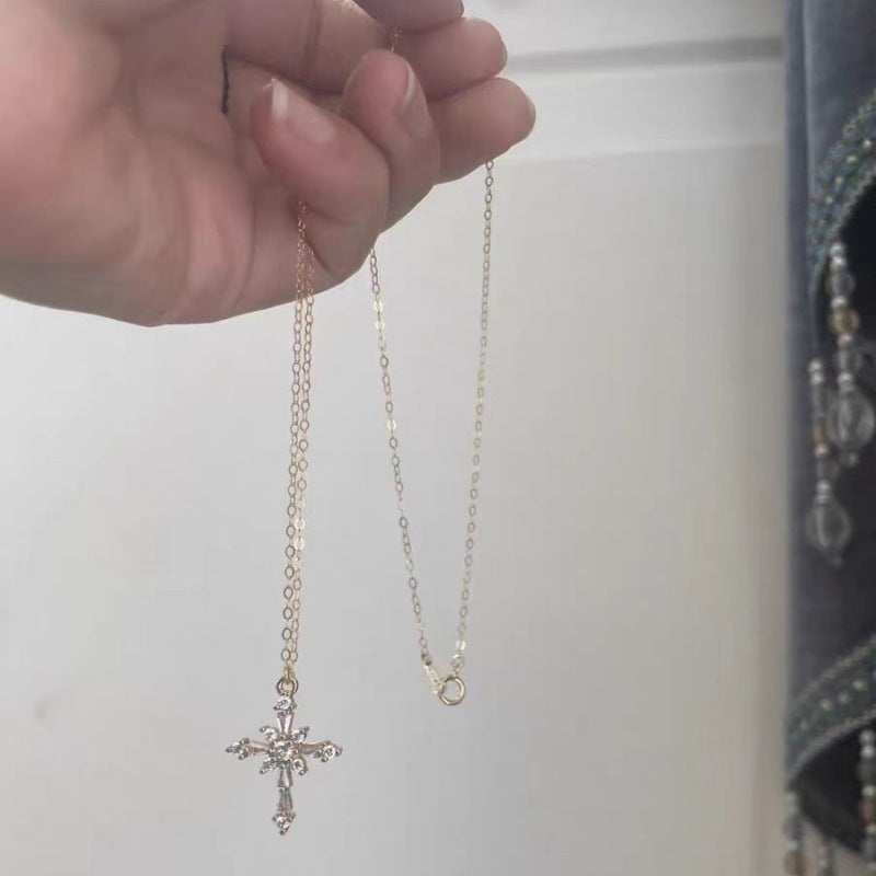 Wood American Ion Gilded Rhinestone Zircon Cross Clavicle Necklace