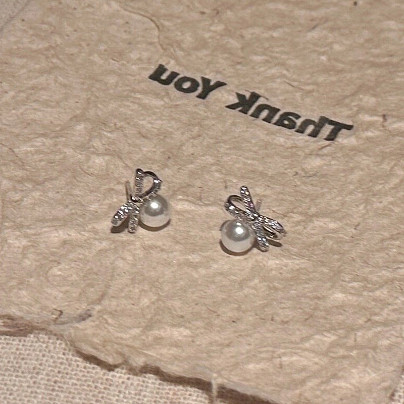 Women's Exquisite Small Zircon Pearl Bow Light Luxury Minority Earrings