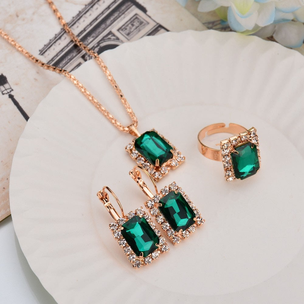 New Water Drop Heart-shaped Three-piece Jeweled Earrings