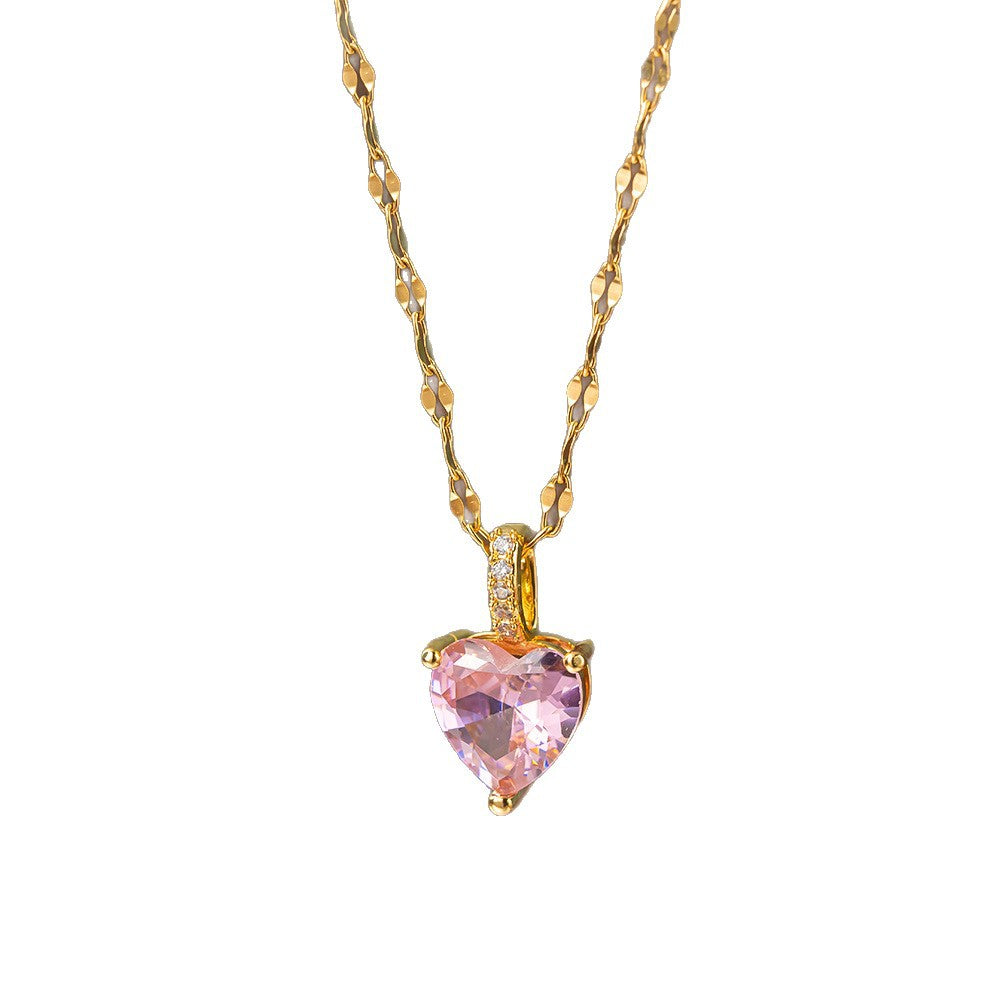 Steel Female Micro Inlaid Pink Diamond Necklace