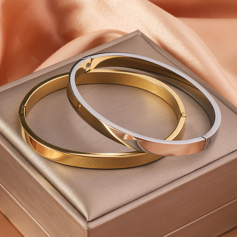 Women's Wide Glossy Stylish Opening Buckle Stainless Bracelet