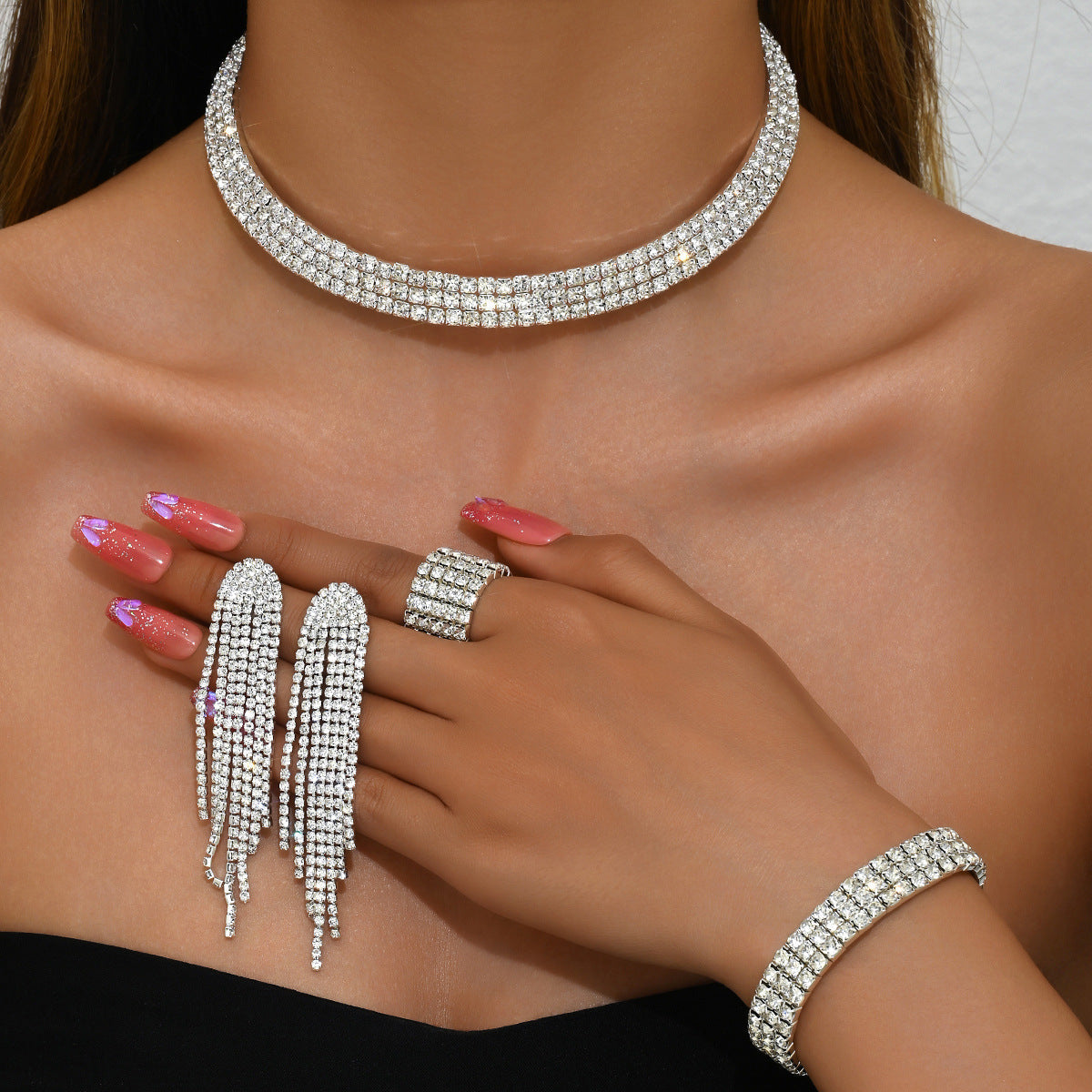 Rhinestone Tassel Stretch Bridal Formal Dress Jewelry Set