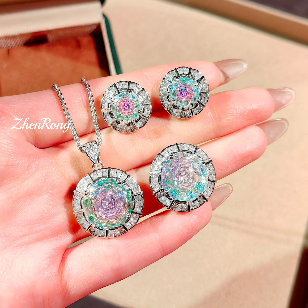 Women's Octagonal Millennium Rose Cut Rose-red Rhinestone Ear Aquamarine Colored Gems Jewelry Set