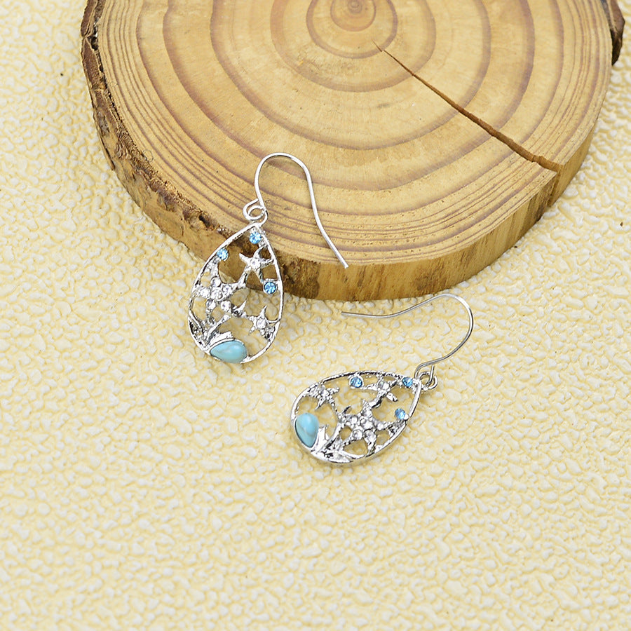 Stone Female Drop-shaped Starfish Hollow Out Sier Temperament Bohemian Earrings