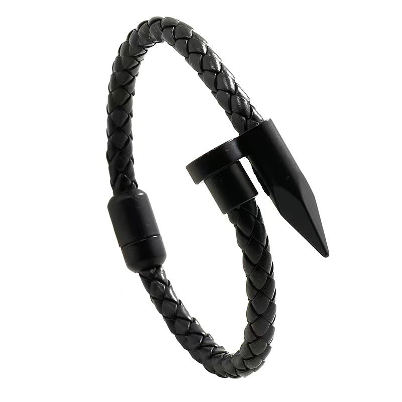 Men's Nail Head Woven Cowhide Stainless Steel Simple Black Bracelet