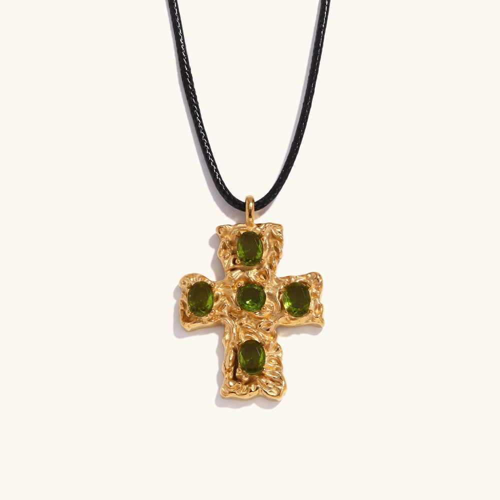 Luxury Fashion Stainless Steel Gold-plated Colorful Beating Cross Black Necklace