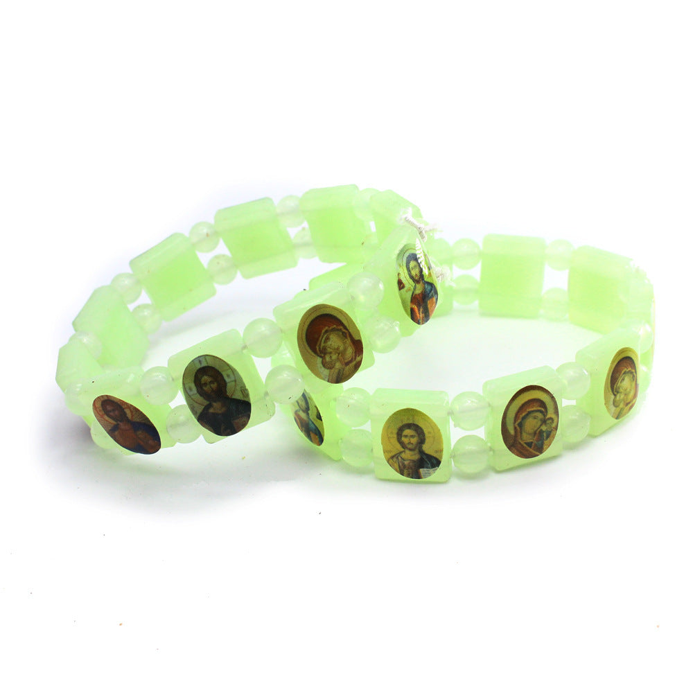 Luminous Fluorescent Green Rosary Unisex Elastic Bracelet