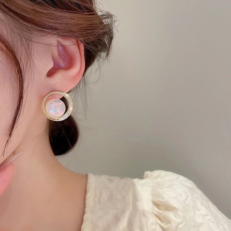 Zircon Circle Mermaid Pearl Sier Elegant High-grade Earrings