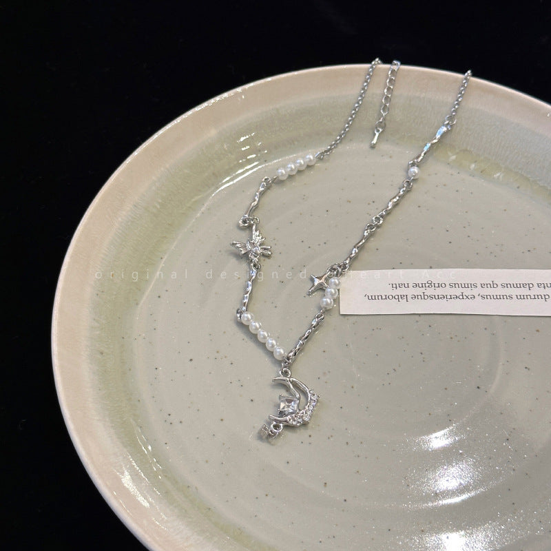 Women's Zircon Pearl Titanium Steel Stitching For Niche Design Clavicle Chain Necklace
