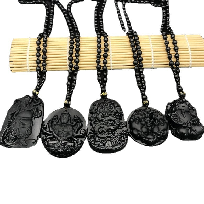 Men's Obsidian Pi Avalokitesvara Buddha Smooth Glass Necklaces