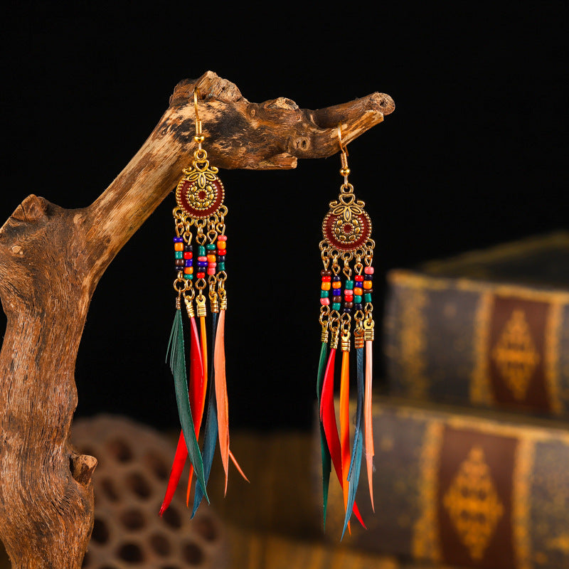 Women's Oil Dripping Round Small Colorful Feather Slimming Long Tassel Yunnan Stud Earrings