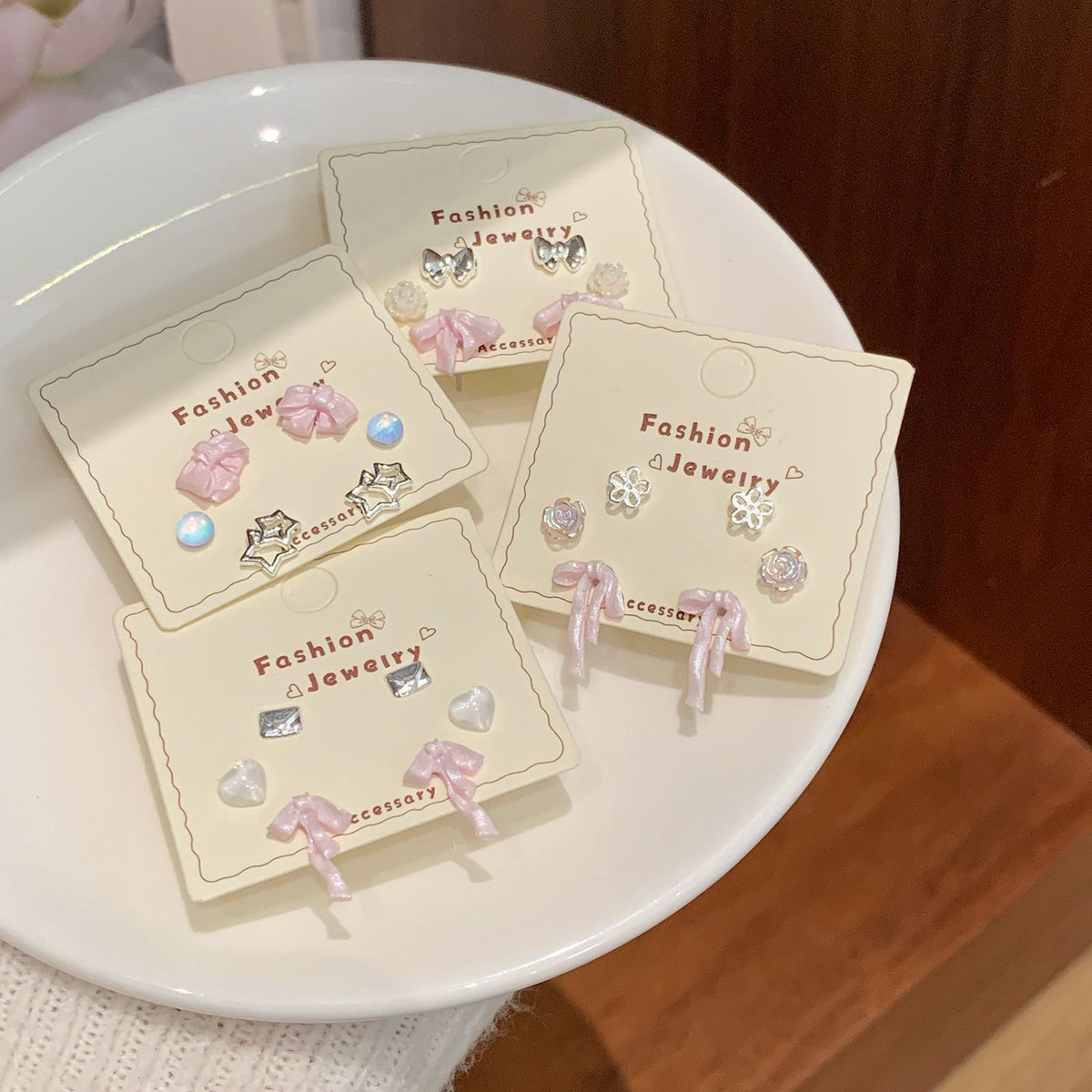 Women's Bow Flower Three-piece Sier Needle Exquisite Sweet Stud Earrings