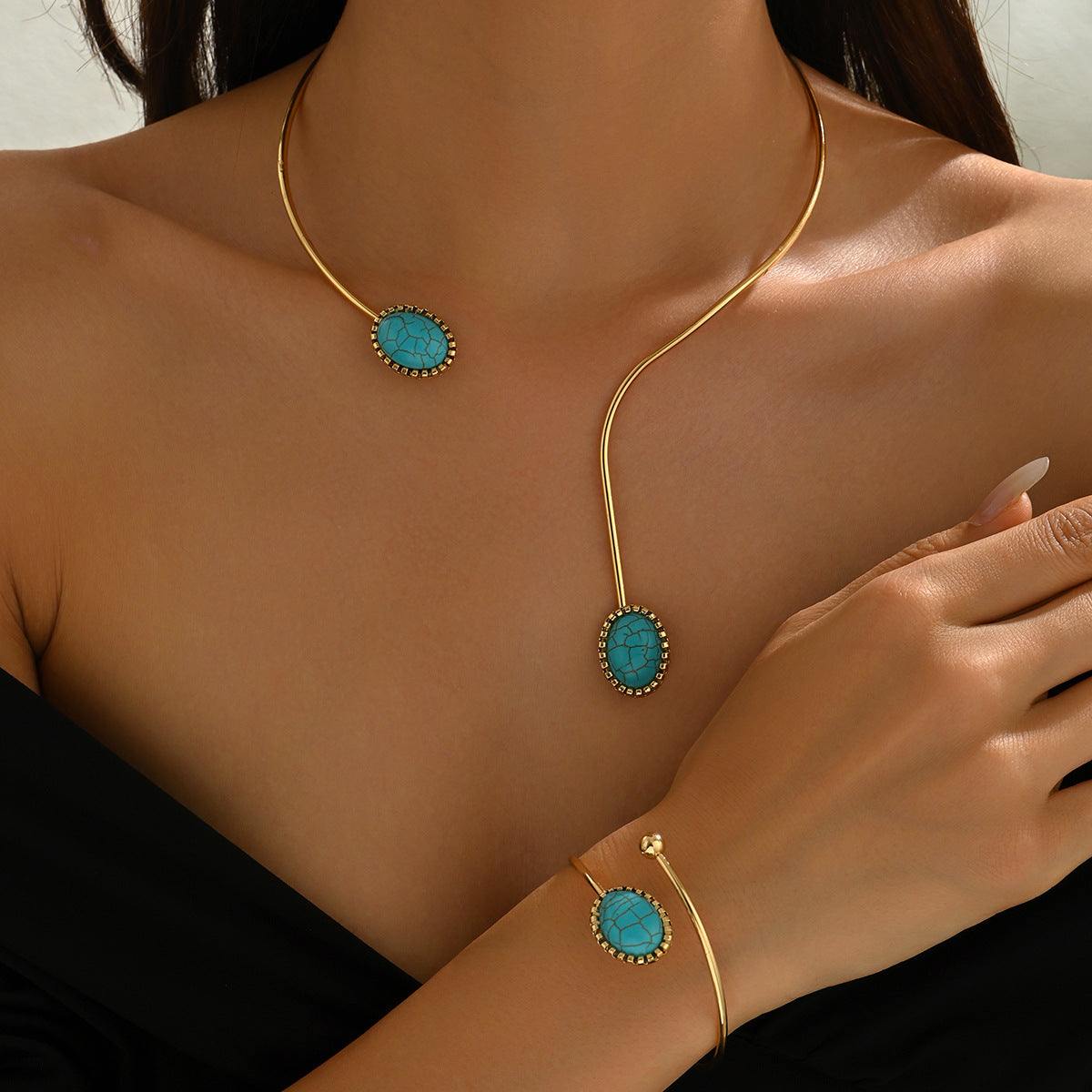 Metal Oval Turquoise Irregular Collar Retro Minority Design Jewelry Set