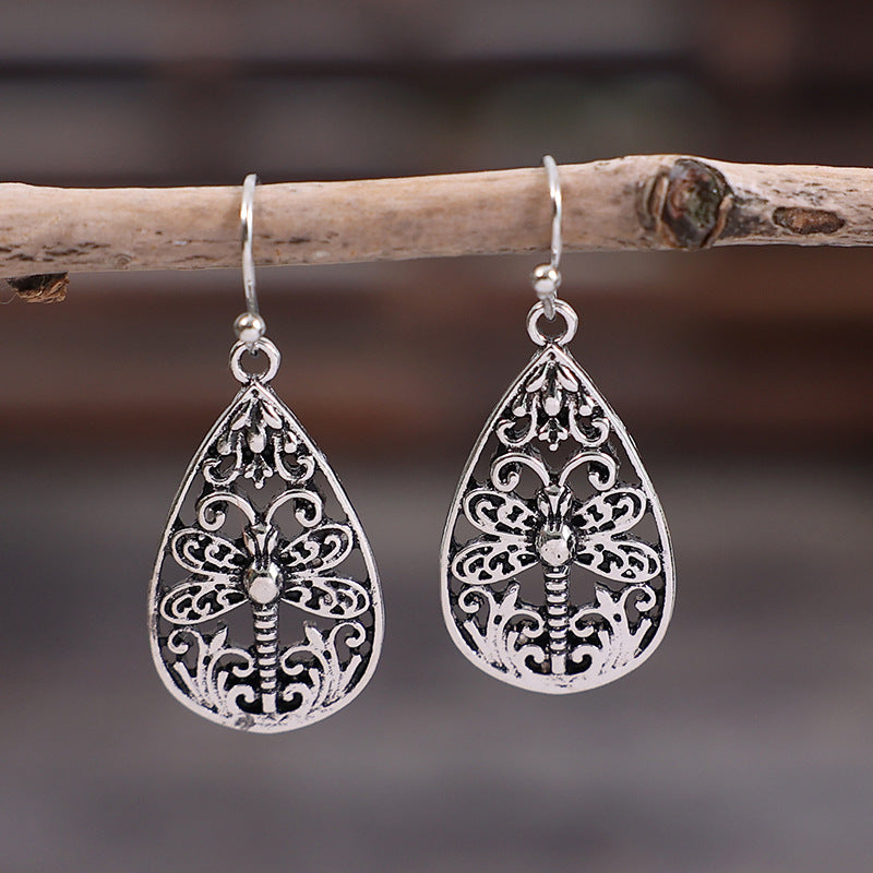 Hollow Dragonfly Water Drop Ethnic Style Earrings