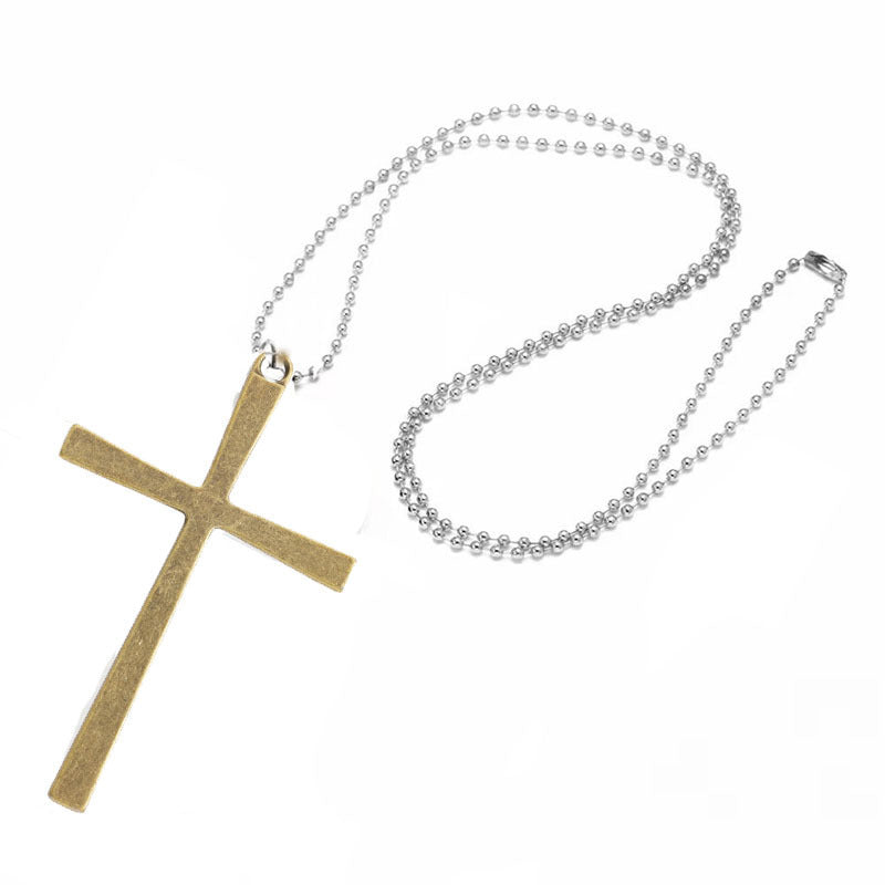 Retro Handmade Double Alloy Wood Cross Boys Long Sweater Chain Pendants