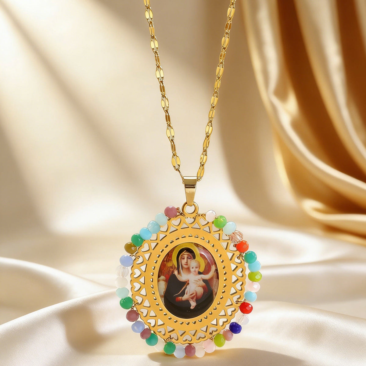 Stainless Steel Color Crystal Virgin Portrait Hollow Oval Necklaces