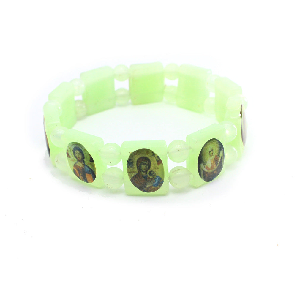 Luminous Fluorescent Green Rosary Unisex Elastic Bracelet