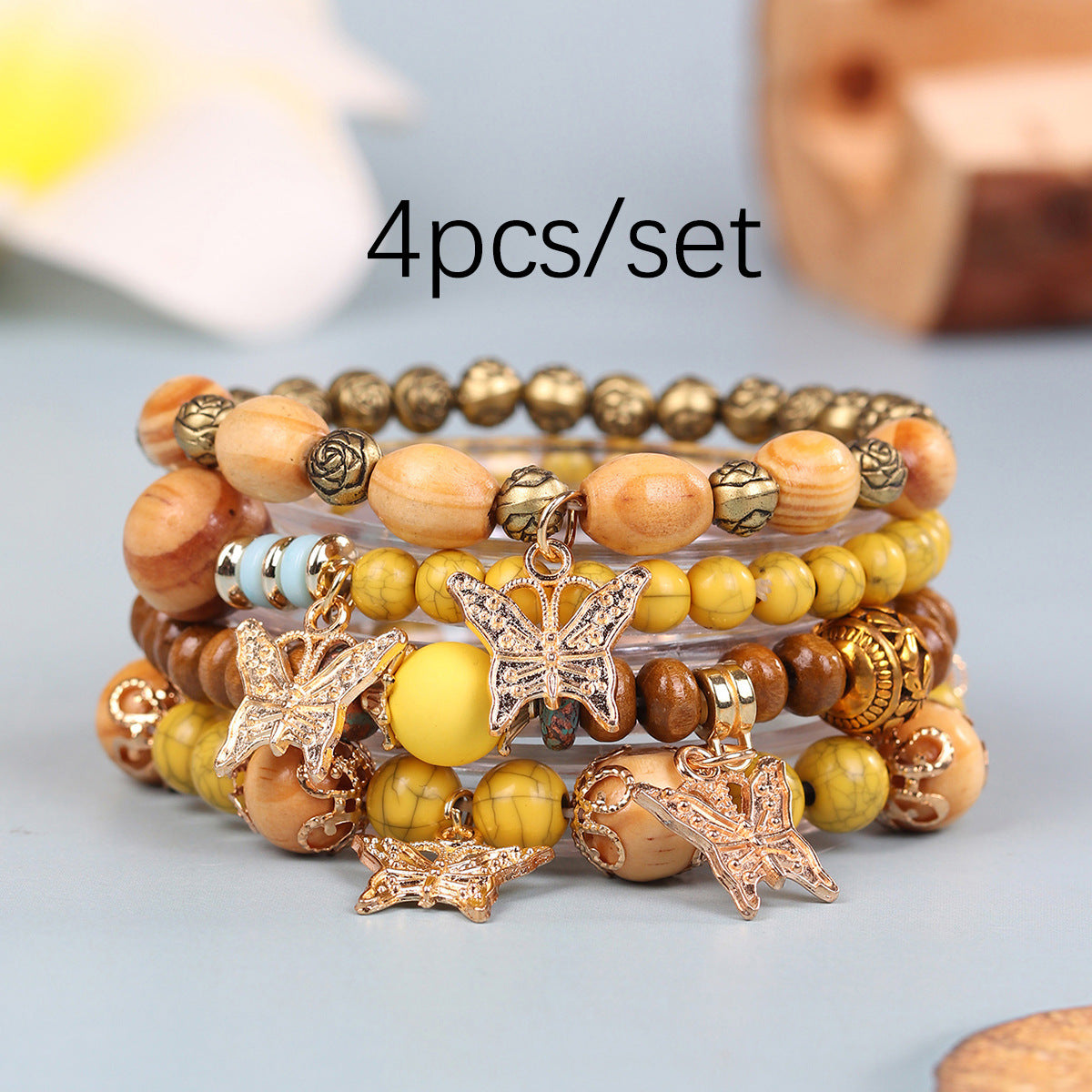 Exquisite Wooden Bead Bohemian Tassel Four Pendants